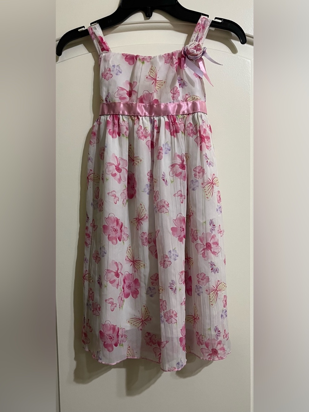 Youngland Girls Pink White Floral Sundress with Satin Waist Size 6